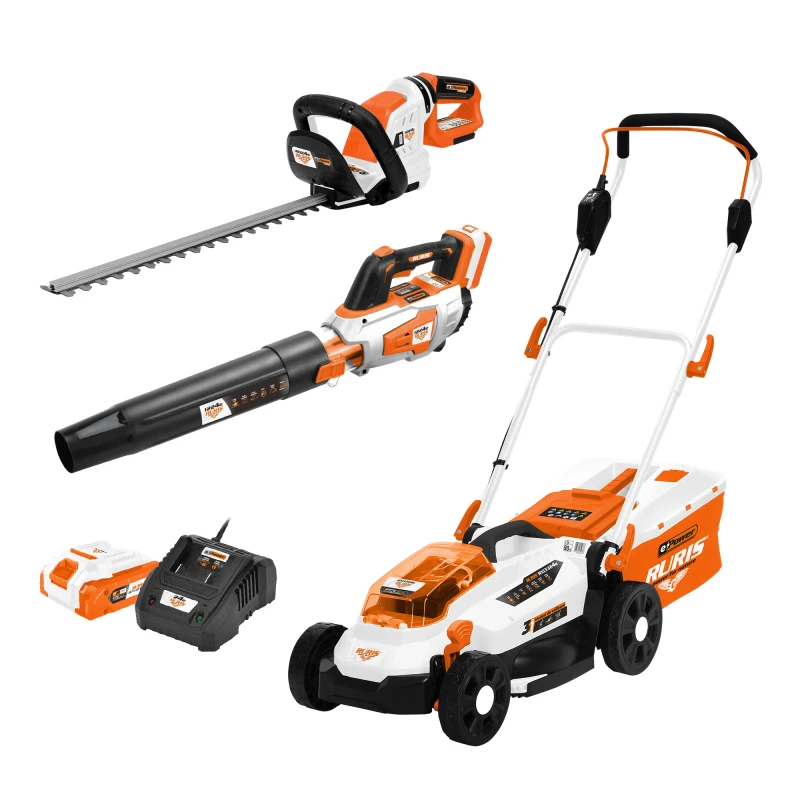 pachet - cut and clean {masina de tuns gazon ruris rxi3324e + electrofoarfeca ruris4024e + suflanta ruris 1224e + kit acumulator+incarcator ruris alfa up 2424e}