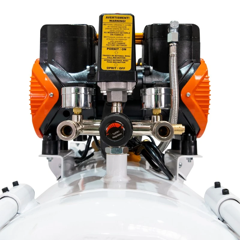 Compresor Silentios RURIS Silent Power 10000 OilFree – 3000W, 100L, 528 l/min, 8 Bar, Fara Ulei, 2 Cilindri, 2 Iesiri