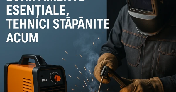 Echipament esențial pentru sudura MMA, incluzând un aparat de sudură, mască, mănuși și electrozi.