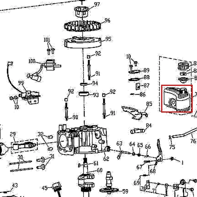 Rezervor de combustibil pentru masina de tuns gazon RURIS DAC 100XL, pozitia 79 pe plansa motorului