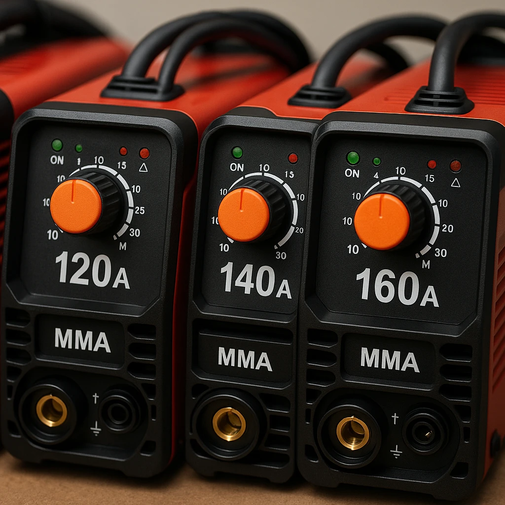 Close-up of various MMA welding inverters with different amperage ratings, highlighting control pane