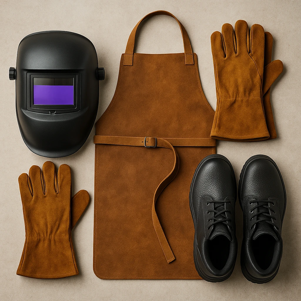 A complete set of MMA welding safety gear neatly arranged: auto-darkening helmet, leather gloves, ap