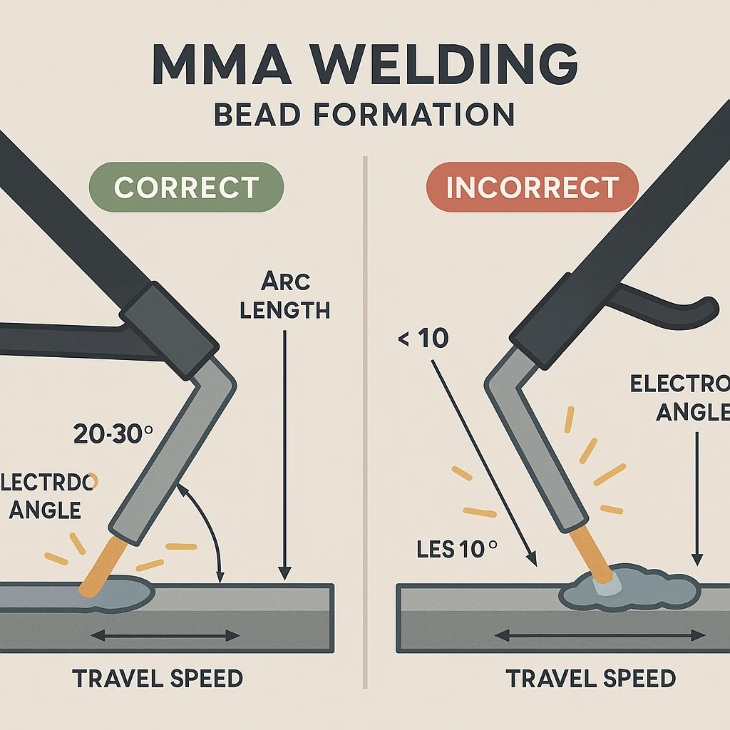 Infographic illustrating correct and incorrect MMA welding techniques for bead formation, showing ar