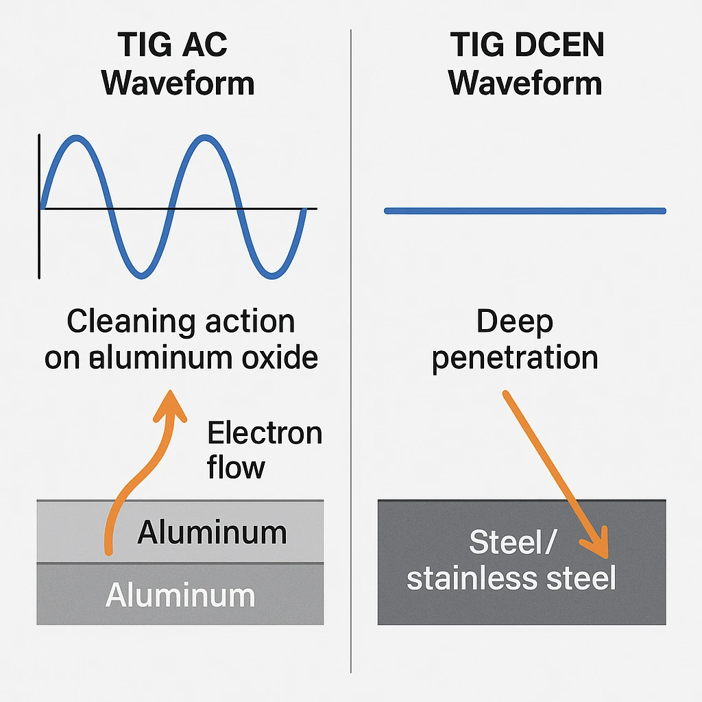 Diagram comparing TIG AC waveform (sine/square with cleaning action on aluminum oxide) vs TIG DCEN w