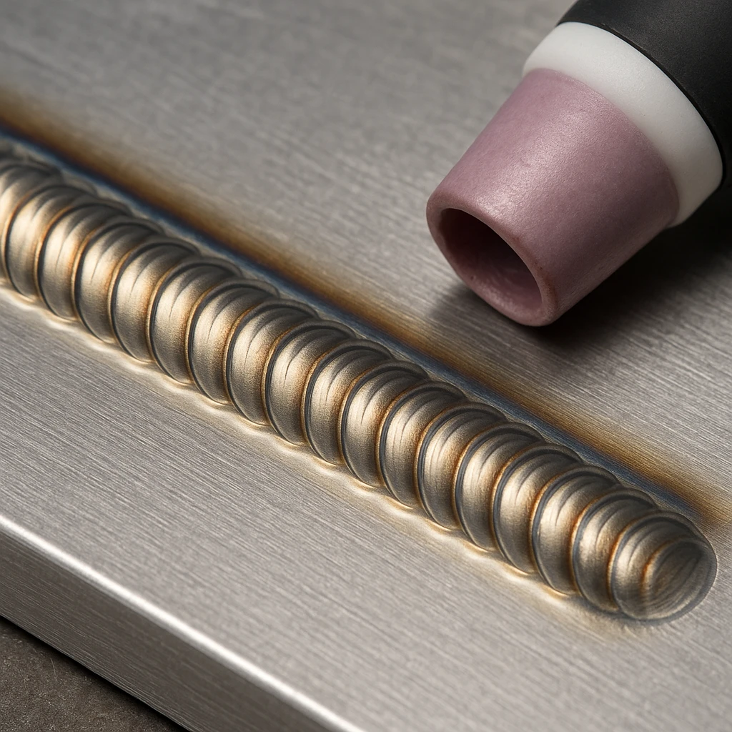 Close-up photo of a perfect TIG weld bead on aluminum, showing the characteristic 'stack of dimes' a