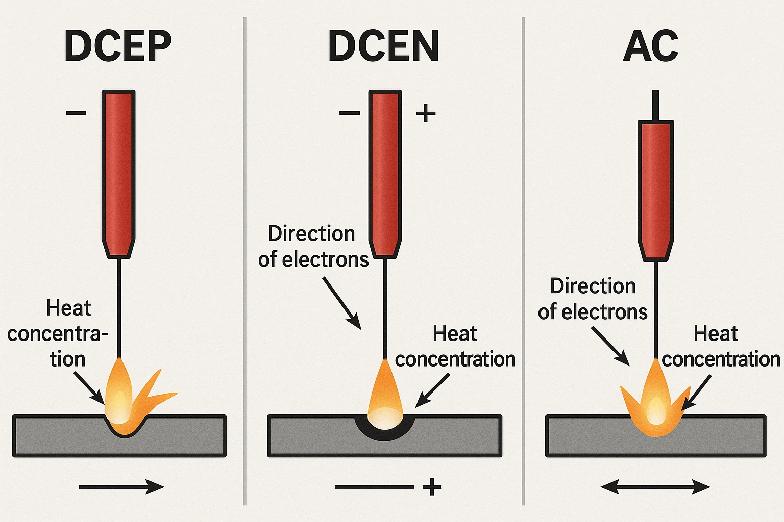 Comparație vizuală între polaritățile DCEP, DCEN și AC în sudură, ilustrând direcția electronilor și concentrarea căldurii.