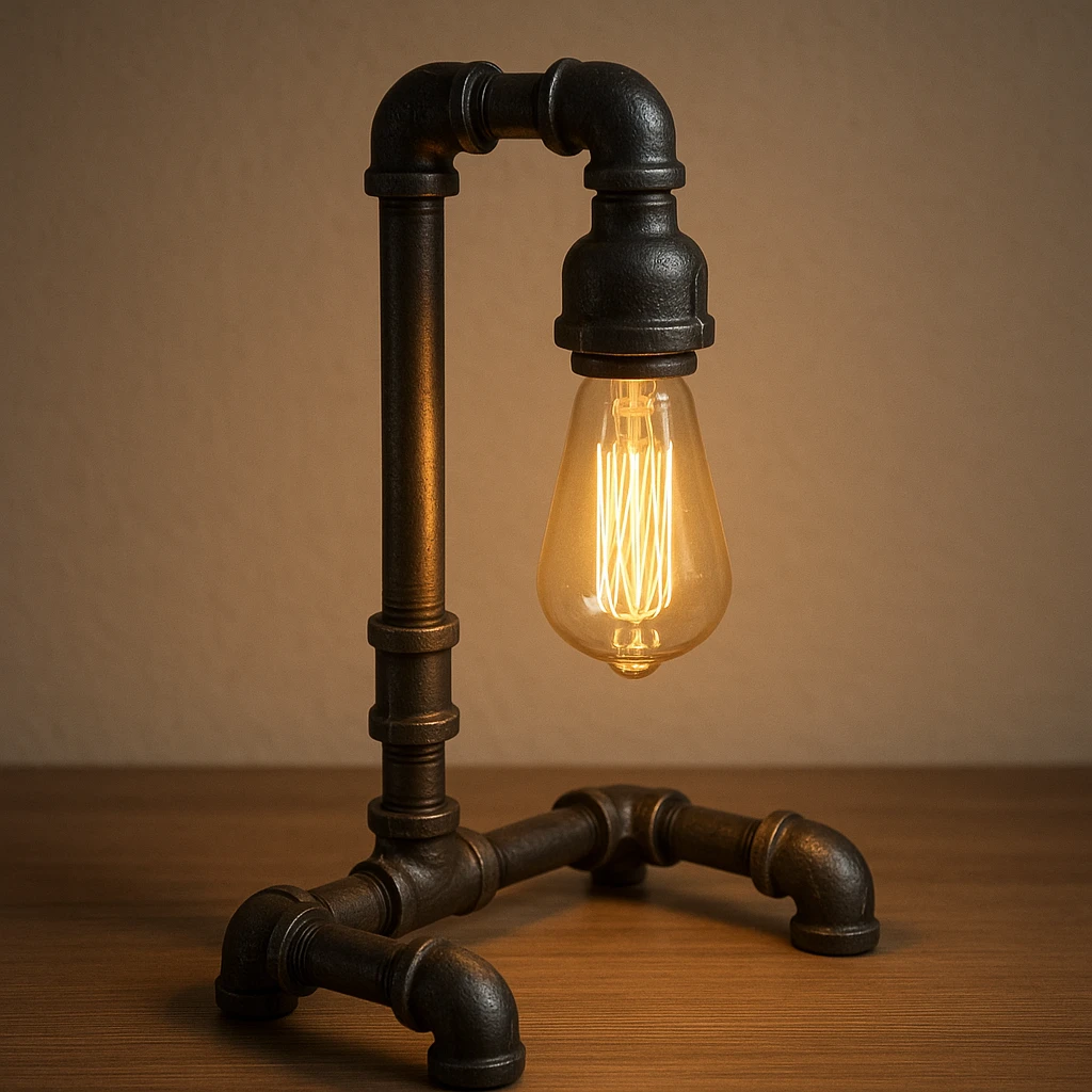 Lampă de birou cu design industrial, realizată din țevi metalice sudate, cu un bec cu filament expus.