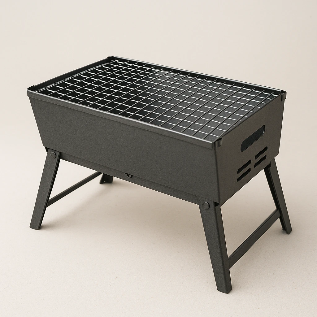 Mini-grătar portabil din oțel, sudat, cu picioare pliabile, gata pentru un picnic.