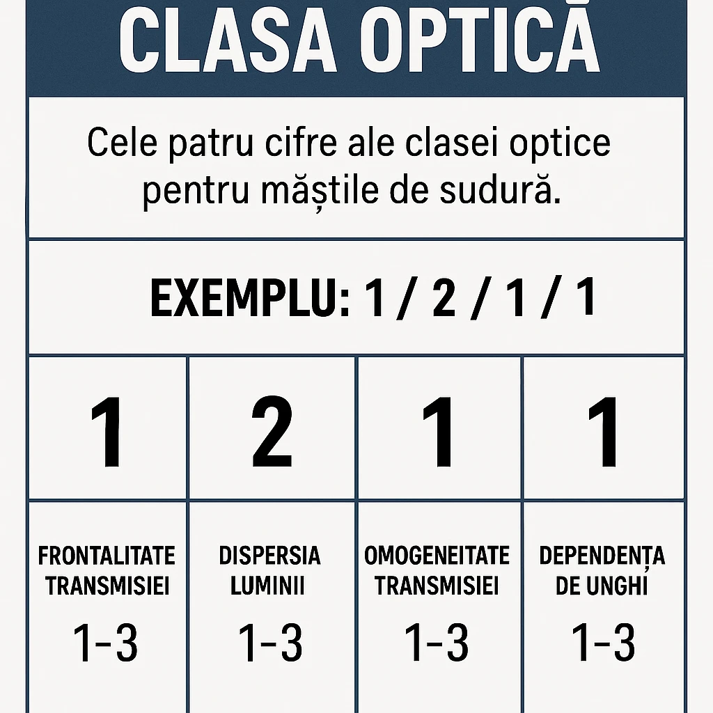Infografic ce explică cele patru cifre ale clasei optice pentru măștile de sudură.