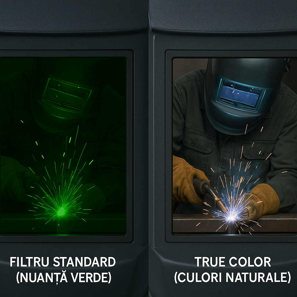 Comparație side-by-side între o mască de sudură cu filtru standard (nuanță verde) și una cu tehnologie True Color (culori naturale).