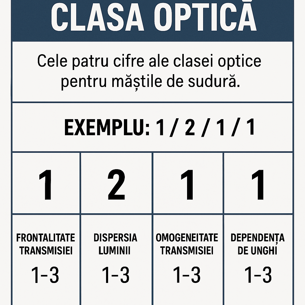Infografic ce explică cele patru cifre ale clasei optice pentru măștile de sudură.
